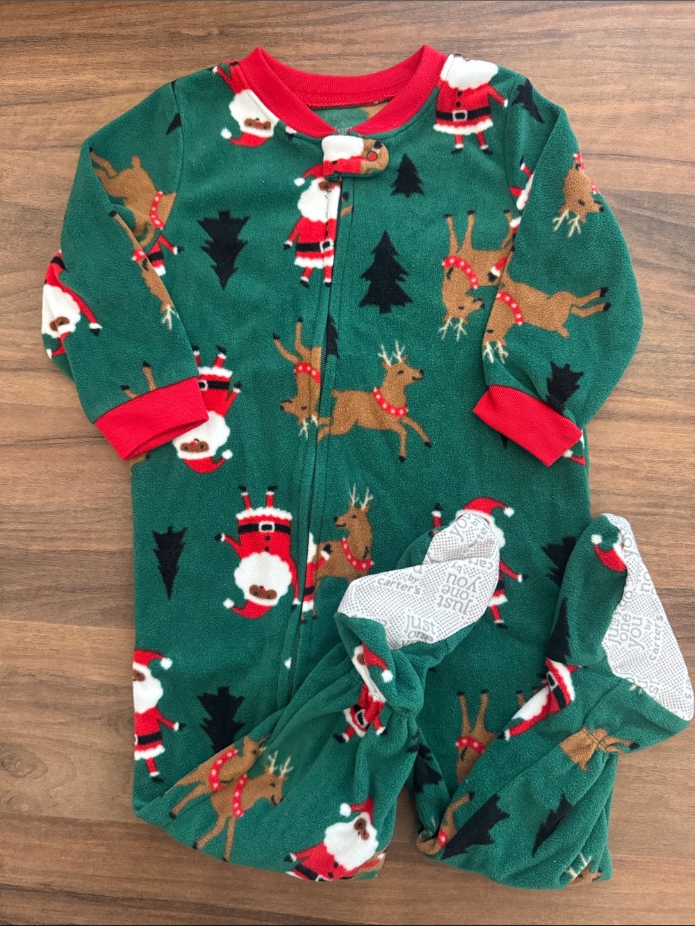 4 FOR $20 Carter's Green Fleece Santa & Reindeer Footed One-Piece with Red Trim